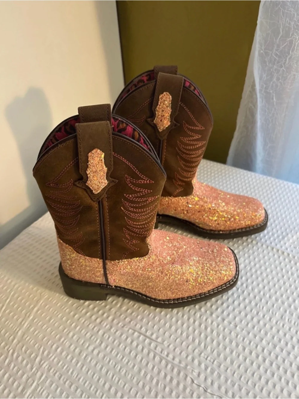 Kids Glitter Pink Cowboy Boots - Brown Shaft